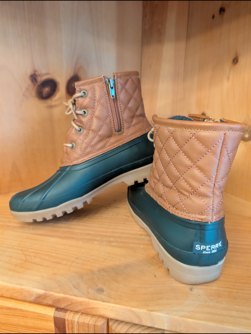 Sperry Quilted Tan and Forest Green Rain Boot